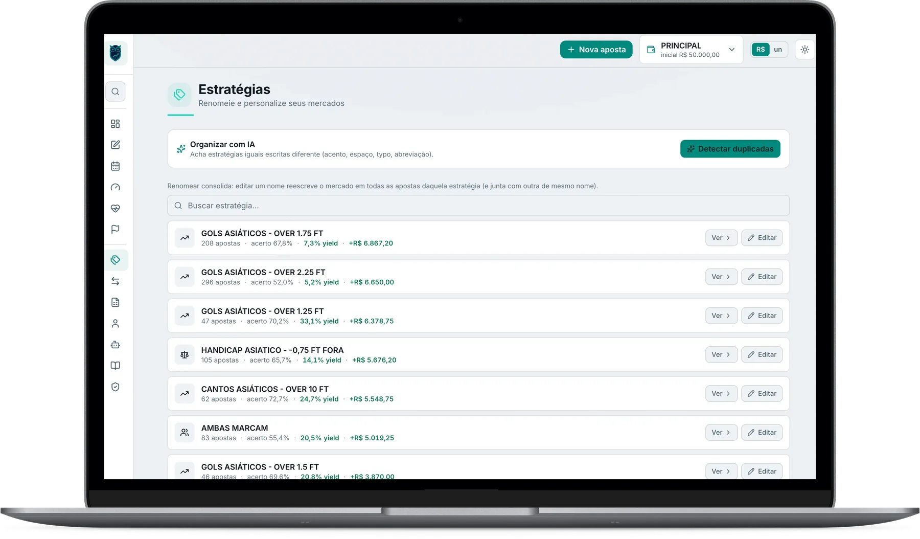 Lista de estratégias com ROI e organização por IA